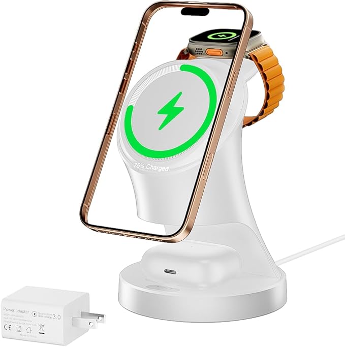 3 in 1 Wireless Charging Station for Apple Devices,Magsafe Charger for IPhone17 16 15 14 13 12 Wireless Charger Station for AirPods 2/3/4/Pro iWatch Ultra/11/10/9/8/7/SE/6/5/4/3/2 (Ivory White)