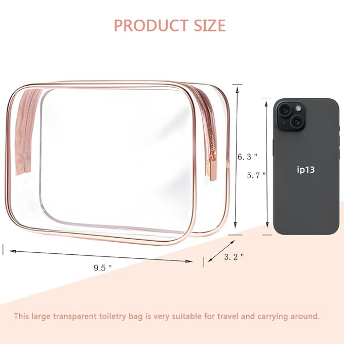 TRODANCE Clear Toiletry Bag, 2 Packs TSA Approved Water resistant Travel Organizer, Airport Airline Travel Essential Carry On Makeup Cosmetic Bags for Women, RosePink - 2 packs