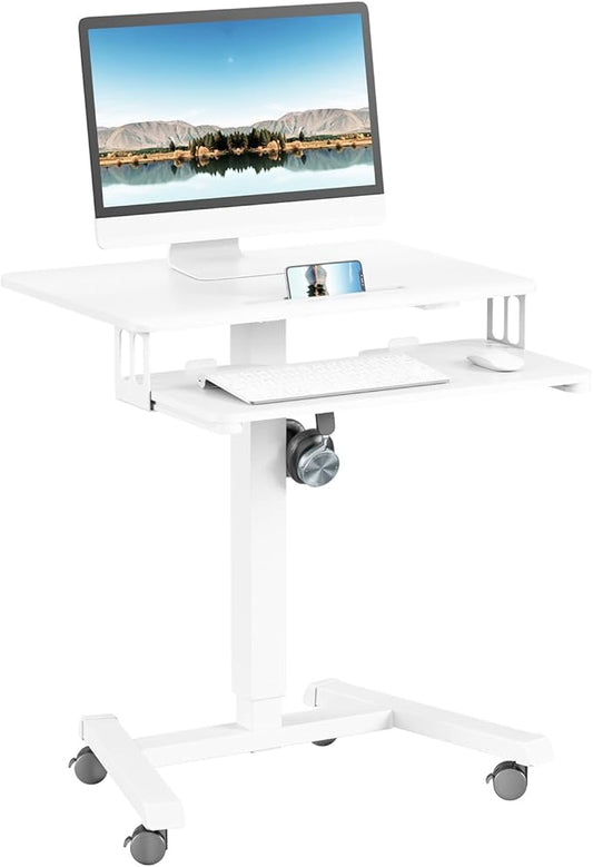 ERGOMAKER Mobile Standing Desk with Keyboard Tray, Gas Spring Rolling Desk with Lockable Wheels, Portable Laptop Desk, Adjustable Height Stand Up Desk, Computer Workstation Home Office, White