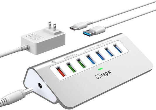 Powered USB Hub 10Gbps, 7 Port USB 3.2 Gen 2 Hub with 4 USB 3.2 Data Ports, 3 Fast Charging Ports, 36W Power Adapter, Type A and Type C Cable, Aluminum USB Data Hub for Mac, PC, Laptop