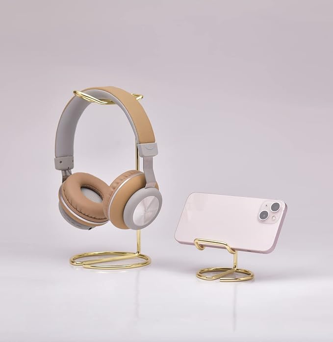 JIARI Headphones Stand and Cell Phone Stand Desktop Metal Holder Accessories 2pcs Set (Gold)