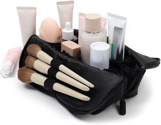 THE VERTI-Vertical Waterproof Makeup & Toiletry Bag | 23-Pocket Organizer with Upright, Fold-Down Design for Skincare, Toiletries & Essentials (Onyx, Medium)