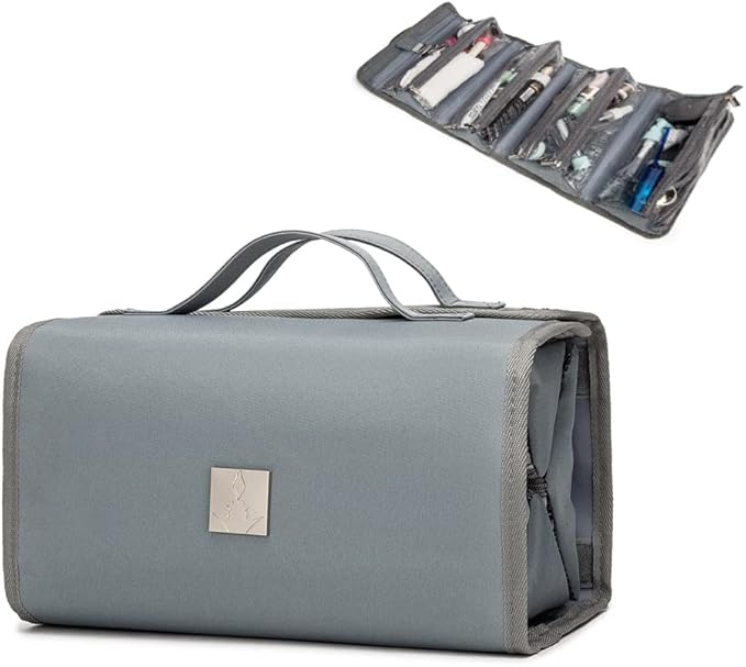 ROYALFAIR Roll Up Makeup Bag, Travel Toiletry Bag for Women with 4 Clear TSA Approved Pouches, Hanging Travel Organizer, Folding Cosmetic Bag for Men and Women