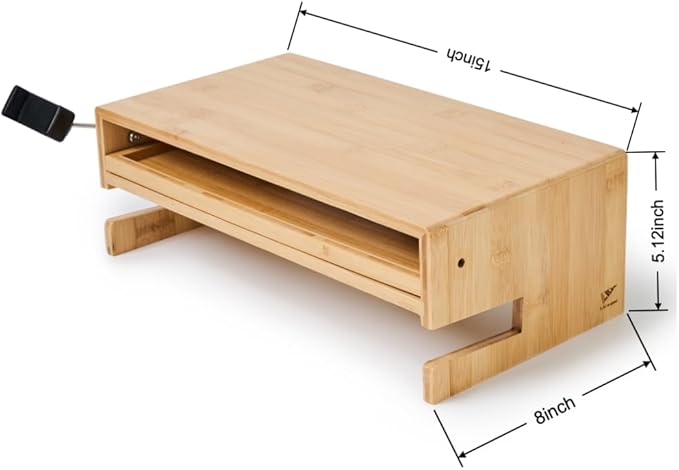 Monitor Stand Desk Top Organizer with Storage Drawer & Phone Holder,Bamboo Monitor Stand with Keyboard Tray, Wide Monitor Riser Non Slip Desk Riser