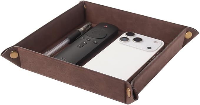 Valet Tray Desktop Storage Organizer – Premium PU Leather Catchall Bedside Vanity Tray Nightstand Caddy Holder for Remote Controller, Keys, Phone, Wallet, Coin, Jewelry,Brown