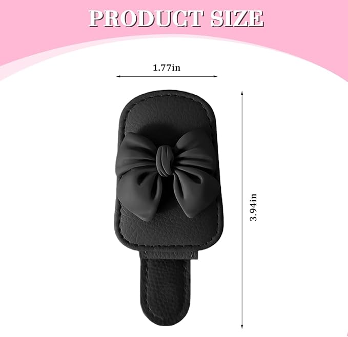 Bittwee Sunglasses Holder for Car Visor, Magnetic Cute Bow Leather Sun Visor Eyeglasses Mount & Ticket Card Clip, Magnet Automotive Interior Glasses Hanger Organizer, Universal for Vehicles (Black)