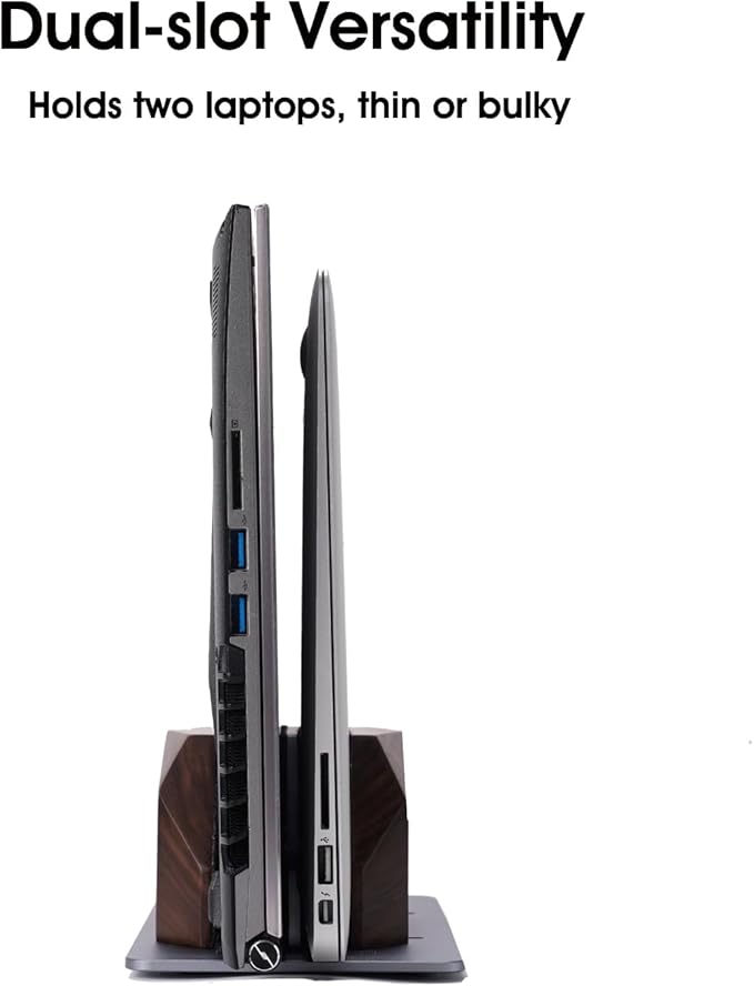 Vertical Laptop Stand for Desk, Dual Slot Wood Laptop Holder to Dock MacBook, MacBook Pro and & Gaming Laptops, Solid Black Walnut, Geometric Sculpted Craftsmanship