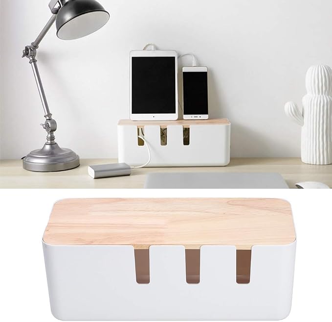 Cable Management Box Organizer with Wooden Cover, 30.3x12.5x11.5cm, for Home Office Desks, ABS Rubber Wood