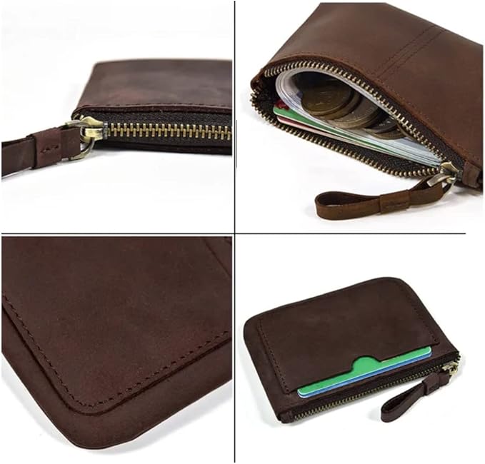 Genuine Leather Coin Purse Pouch for Women Men Vintage Cowhide Grain Leather Slim Mini Wallet Metal Zipper with Real Leather handle (Dark Brown)