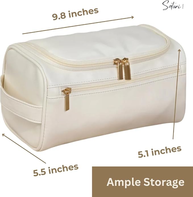 Travel Toiletry Bag – Soft Vegan Leather, Waterproof Hanging Design with Hook, – Cream White with Gold Accents, Full Size