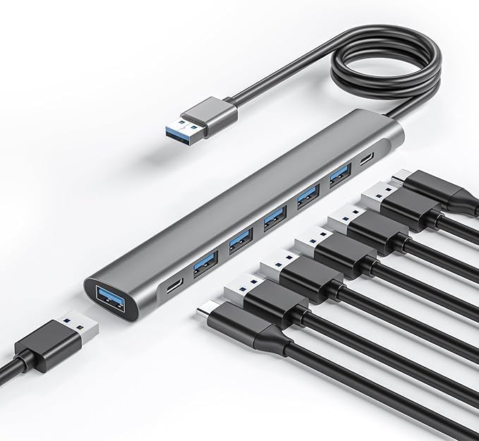 USB Hub Long Cable, 8 Ports USB 3.0 Adapter with 6 USB 3.0 Data Ports,USB-C Data,USB Splitter with USB C 5V/3A Power Port, 47IN/120CM Main Cable for Laptop PC