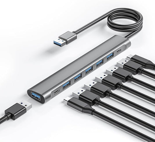 USB Hub Long Cable, 8 Ports USB 3.0 Adapter with 6 USB 3.0 Data Ports,USB-C Data,USB Splitter with USB C 5V/3A Power Port, 47IN/120CM Main Cable for Laptop PC
