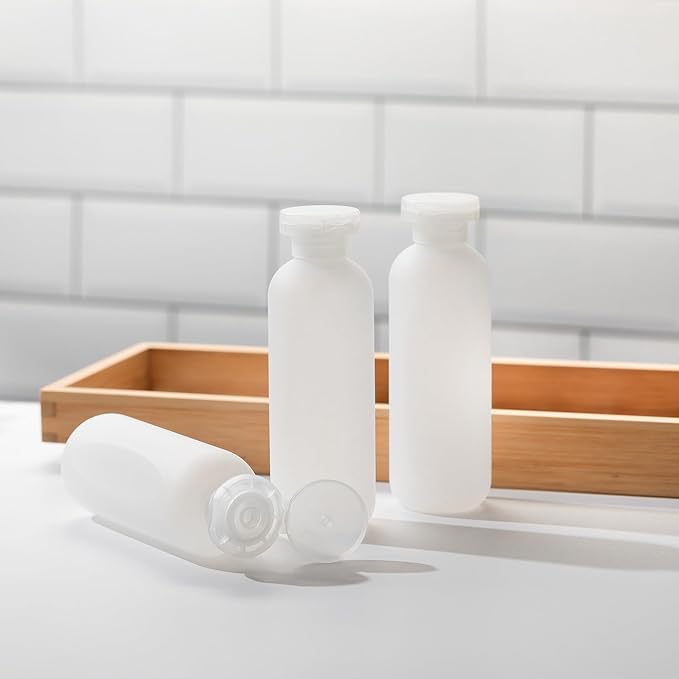 Empty Shampoo Bottles 6.7oz - Large Size Refillable Plastic Liquids Toiletry Containers - Empty Leak Proof Lotion Toiletries Dispenser - Clear Flip Cap Top Body Wash and Cosmetic Set 4 Pack