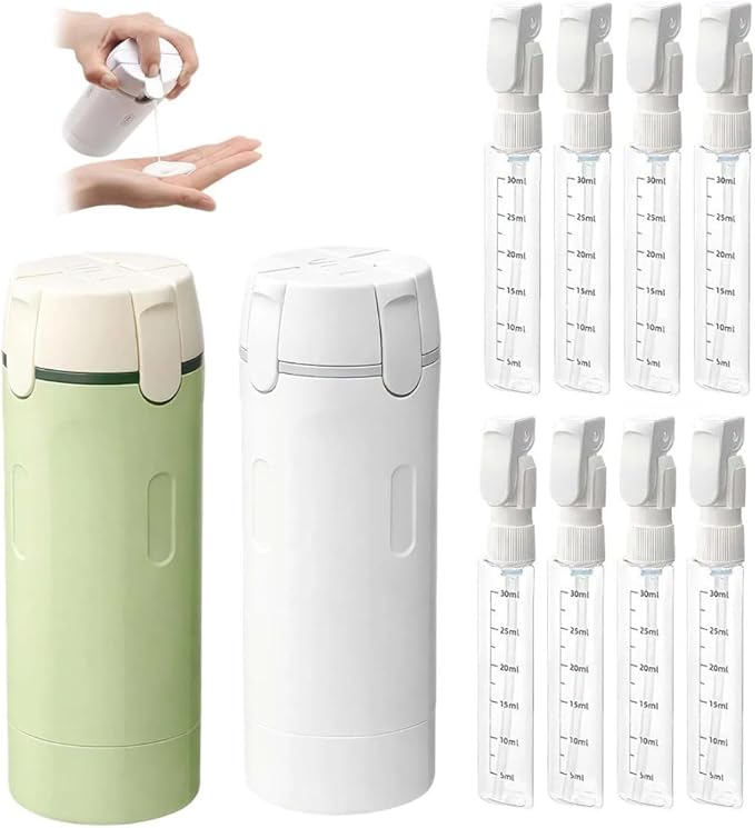 4 in 1 Travel Dispenser, 4 Pack 30ML Travel Bottles for Toiletries, Leak Proof Travel Size Containers, Portable Containers for Shampoo Lotion Conditioner Cream (White+Green)