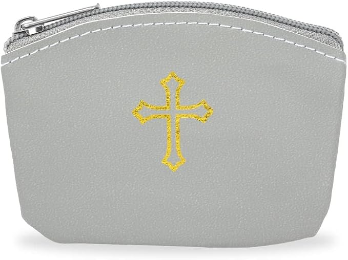 Gray Rosary Pouch with Zipper & Gold St. Thomas Cross Imprint | Compact Leatherette Rosary Case for Small to Medium Rosaries | Protective Travel Rosary Holder for Men & Women
