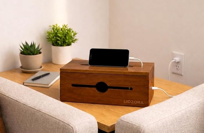 Wooden Cable Management Box for Power Strips, Desk Cord Organizer for Home Office & TV Stand, Hidden Cable Storage with Phone Stand