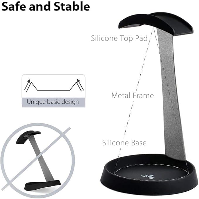 Avantree HS102 - Metal & Silicone Headphone Stand Hanger with Cable Holder, Black Desk Earphone Mount Rack, Fancy Music Studio Accessories
