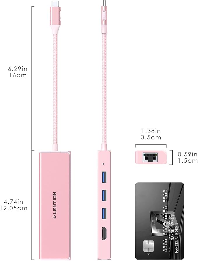 LENTION USB C Hub with Gigabit Ethernet Adapter, 4K HDMI, 3 USB 3.0 Port for MacBook Pro, New Mac Air, Surface, Chromebook, More, Stable Driver Certified (CB-C25, Rose Gold)
