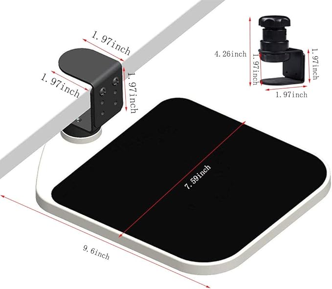 FUZADEL Mouse Platform Clamp On Under Desk Adjustable Mouse Tray Mount Swivel Desktop Shelf Wrist Rest Rotating 360 Degree