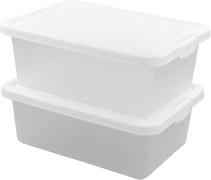 14 Quart Clear Storage Box, Underbed Plastic Latch Box with White Lids, 2-Pack