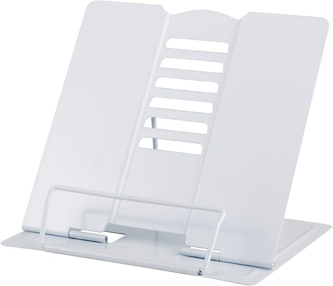 Blizzow Desk Book Stand Holder - Hands Free, Adjustable Metal Stand, Lightweight Foldable Portable - Cookbook, Recipe, Tablet, Music, Documents (White)