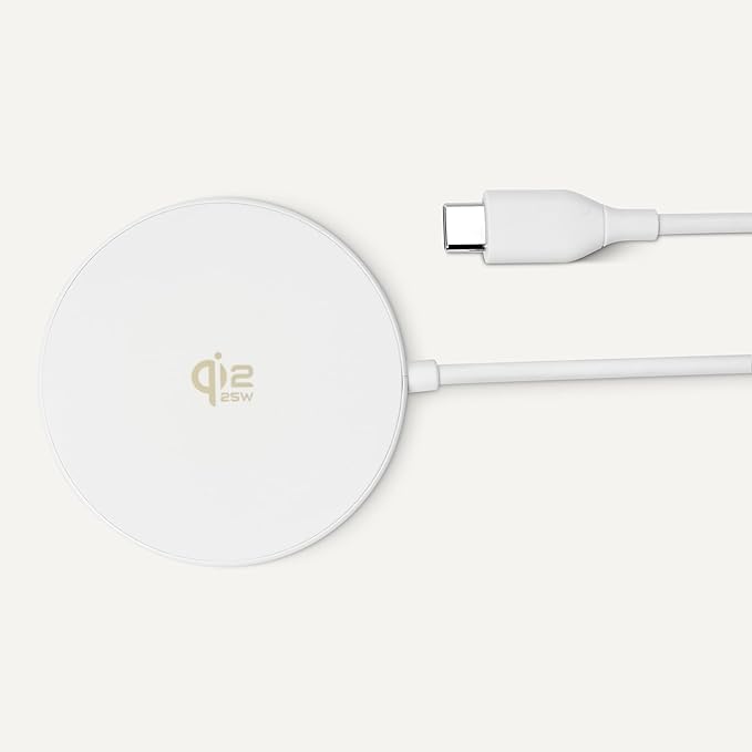 Amazon Basics 25W Qi2.2 Certified Wireless Charging Pad, MagSafe Compatible for iPhone 17/16/15/14/13/12, Magnetic Compatible for Android, Google Smartphones, White (Adapter Not Included)