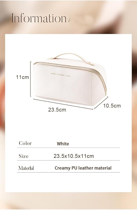 Travel Makeup Bag for Women, Large Capacity PU Leather Toiletry Bag with Multiple Compartments, Waterproof Cosmetic Organizer with Handle, Portable Travel Pouch for Skincare, White