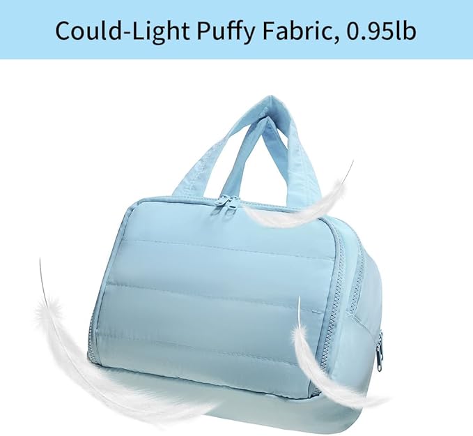 Puffer Travel Toiletry Bag – Large Capacity 11.8”L Makeup Organizer, 4 Compartments, Waterproof Wet/Dry Separation, Ultra-Light Taslan Fabric – Ideal for Business Trips, Gym, Family Vacation, Camping