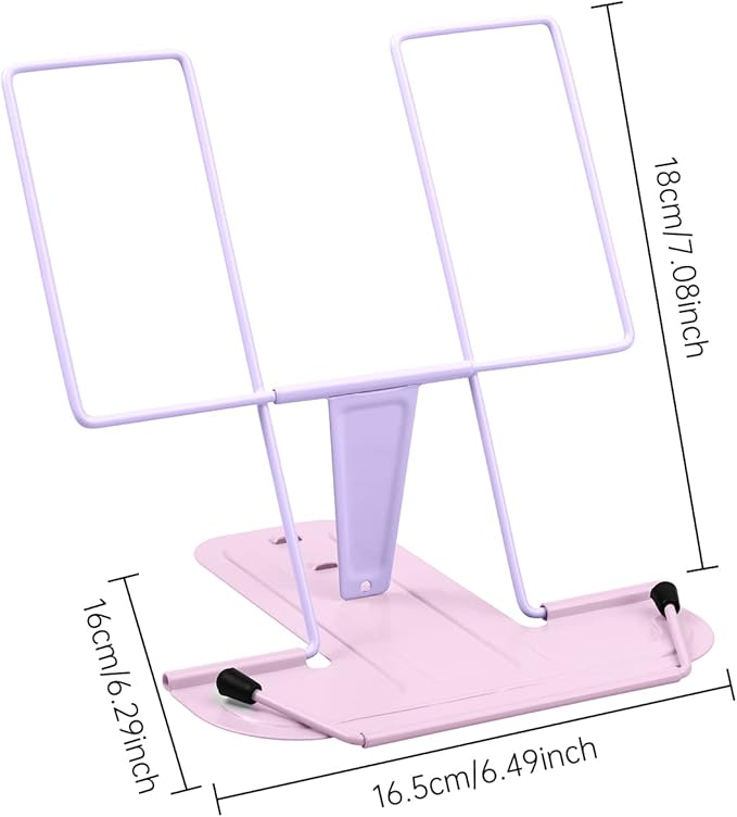 MSDADA Metal Book Stand for Desk, Adjustable Reading Rest Book Holder, Portable Cookbook Documents Holder, Sturdy Typing Stand for Recipes Textbooks Tablet Music Books(Purple+Macaron Pink)