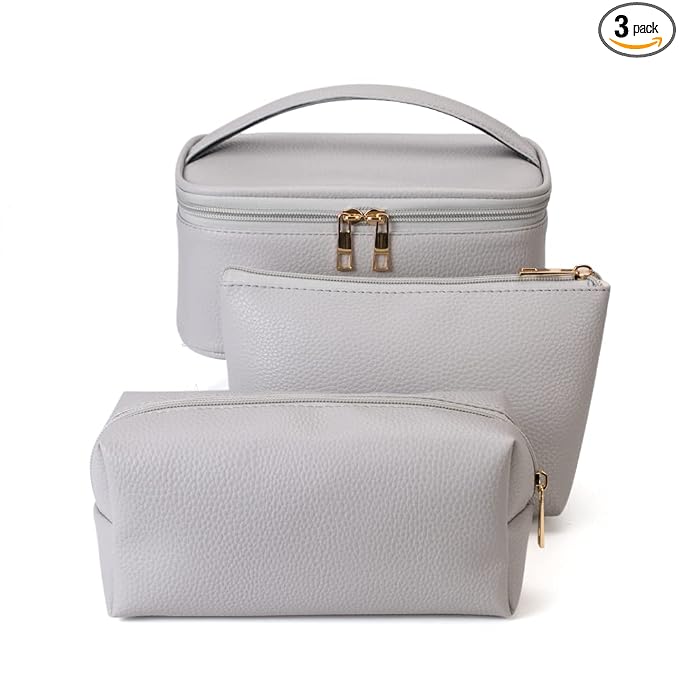 FITINI Makeup Bag Travel Large Toiletry Bag 3 Pack Portable Cosmetic Organizer Pouch with Small Brush Storage Case Gold Zipper Waterproof for Women and Girls,Gray