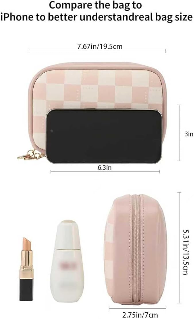 RIGHT AWAY Makeup Bag,Travel Cosmetic Bag Organizer with Zipper,Waterproof Toiletry Bags Makeup Pouch for Purse, Small Make Up Bag &Cases with Compartments for Women Girls（Pink Checkerboard）