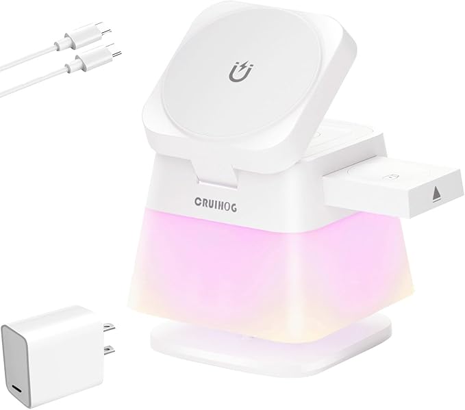 4 in 1 15W Charging Station for Apple, Magnetic Wireless Charger Stand [Colorful Night Light], Rotatable Charger Station for iPhone 17/16/15/14/13, Apple Watch, AirPods(Adapter Included)