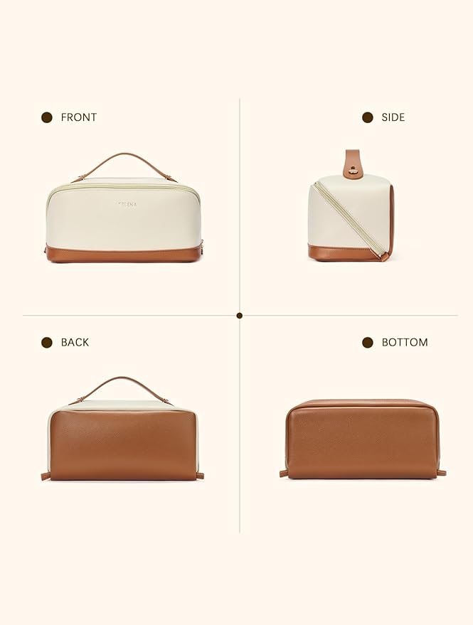 Telena Leather Make Up Bag Portable Travel Makeup Bag Waterproof Cosmetic Bags for Women Large Capacity With Handle and Divider Open Lay Flat