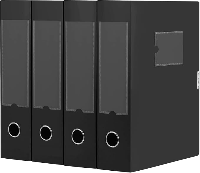 HUA JIE A4 Storage File Boxes Plastic Archives Cases with Lid, File Folder Organizer Document Filing Box for office,31×7.5×23.5 cm, Black(Pack of 4)