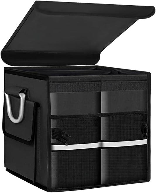 Car Trunk Organizer With Lid, 28L Collapsible Waterproof Oxford Fabric Trunk Organizer with Aluminum Handle, Portable 2-Compartment Cargo Storage Box for SUV, Truck, Sedan (Black)