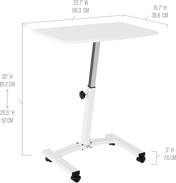 Seville Classics Airlift Mobile Height Adjustable Laptop Stand Computer Workstation for Sitting Classroom Home Office Medical Table w/Wheels, Flat Desk 24", White