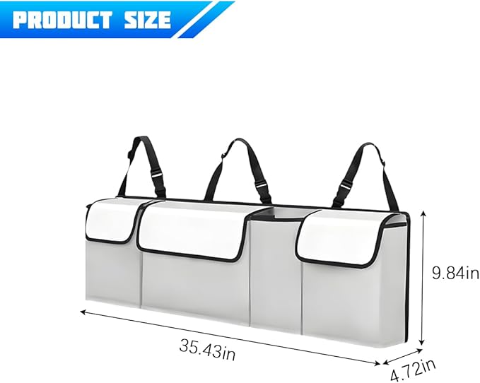 Car Trunk Organizer with Lid, Large Waterproof Vehicle Backseat Hanging Storage Bag with 4 Pockets & Adjustable Straps, Collapsible Automotive Interior Cargo Bag, Universal Fit (White/Grey)