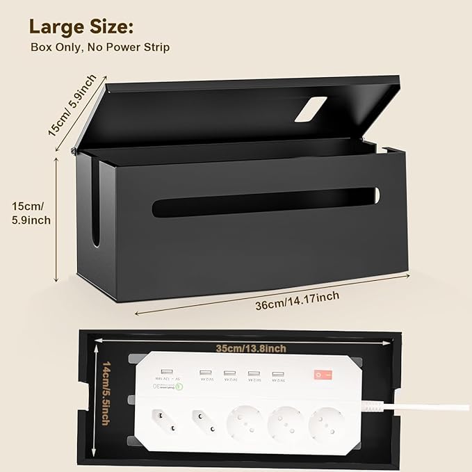 Metal Cable Management Box - Large Cable Organizer Box and Power Strip Box for Electrical Cord Hiding, Home Office Desk and Floor Cables Hider, TV Wires Storage Organization