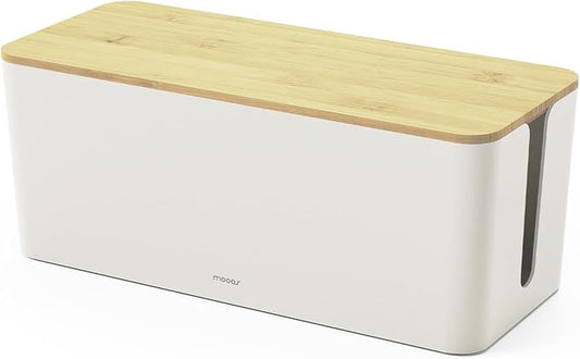 Mooas Small Cable Management Box with Wooden Lid (Medium), Cord Organizer Wooden Box for Desk, Home, Office Wire Storage Hider for Power Strips, USB Cables, Charging Cords, and Electronics