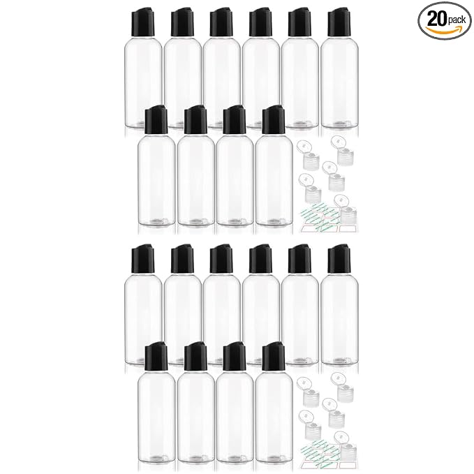 20 Pack 3.4 oz Travel Bottles for Toiletries TSA Approved Leak Proof Travel Size Containers Plastic Empty Shampoo Bottles with Labels Squeeze Bottle Toiletry Essentials Accessories(Clear)