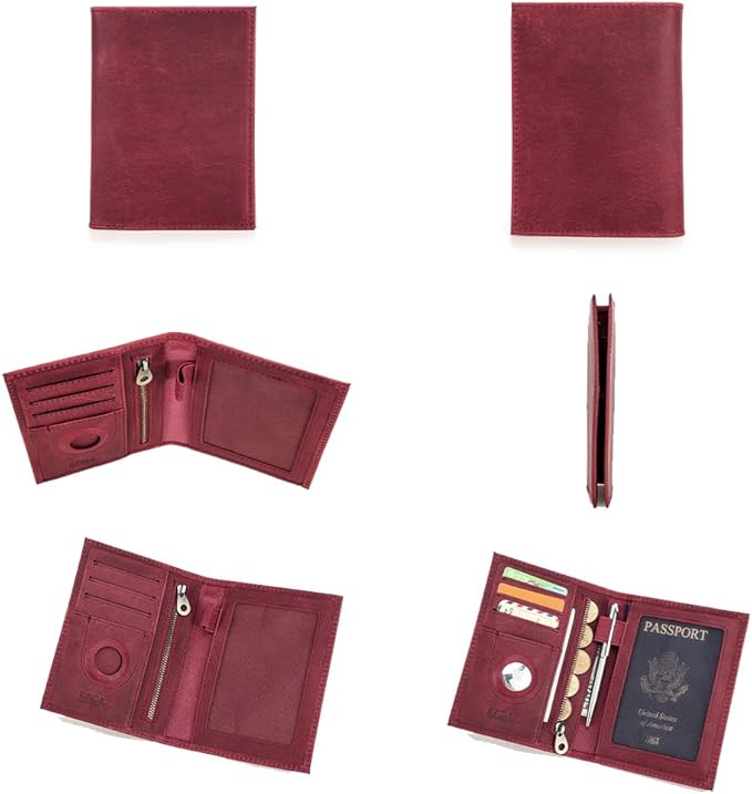 CONTACTS Full Grain Leather Passport Holder RFID Blocking Travel Passport Wallet Compatible with Airtag Passport Cover Case with 4 Cards Slots, Coin Pocket (Wine Red)