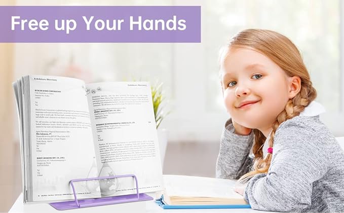Honagu Metal Desk Book Holder, Hands Free Adjustable Cookbook & Document Holder, Portable Bookstand for Music Books, Textbooks, Recipes, Tablets & iPads (Purple)