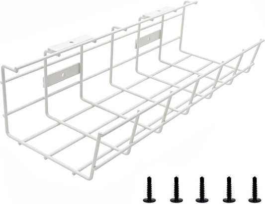 Under Desk Cable Management- 1 Pack Cord Organizer. Metal Wire Cable Management Tray for Office, Studio and Home. Super Sturdy Under Table Cable Management - White Cable Organizer
