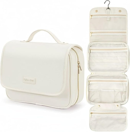 PACKISM Hanging Travel Toiletry Bag for Women - Fabric Travel Makeup Organizer with Detachable Makeup Bag and 4 Smart Large Compartments, for Full-Sized Toiletries, Off White (M)