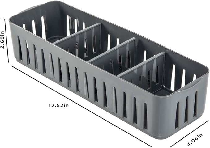 Simplify 2 Pack 4 Compartment Stackable Bin with Adjustable Dividers | Drawer Organizer | Storage Basket | Good for Office | Desk Supplies | Dorm |Bathroom | Accessories | Make Up | Grey