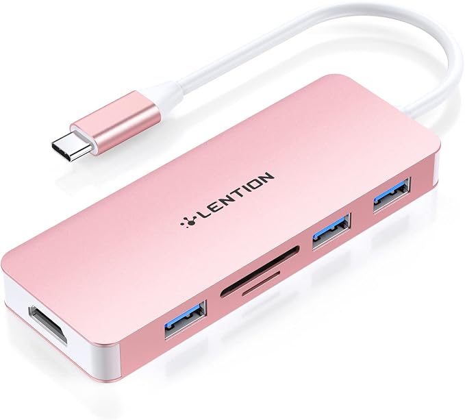 LENTION 5 in 1 USB to USB-C Adapter with Micro SD/SD Card Reader for iPhone, 4K@30Hz HDMI to USB C Hub Multiport Adapater with 3 USB 3.0 Compatible with 2025-2018 MacBook Pro MacBook Neo(Rose Gold)