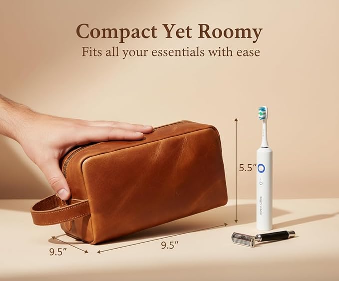 The Tannery Genuine Leather Toiletry Bag For Men & Women, Lightweight Pouch For Unisex, Durable Makeup Kit Bag, Best Gift For Father's Day, Stylish Travel Organizer, Thanks Giving (Tan Brown)