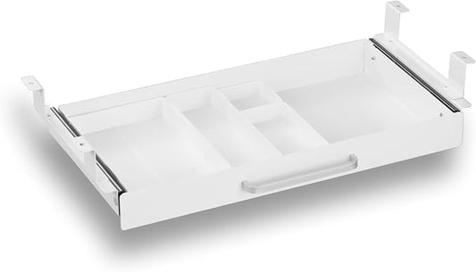 Under Desk Drawer White 21" with 4 Divider Trays, Under Shelf Pencil Drawer Pull-out, Standing Desk Metal Storage Attachment Slide Out for Workbench