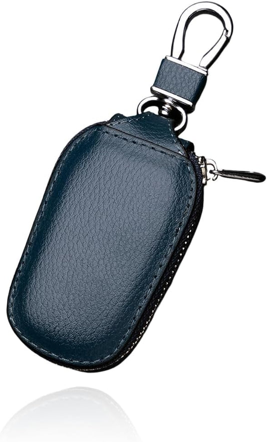 Wevdn Car Key Case, Genuine Leather Auto Smart Key Fob Holder with Metal Hook, Anti Scratch Automotive Key Protector Key Chain Zipper Bag for Remote Key Fob, Car Accessories (Blue)