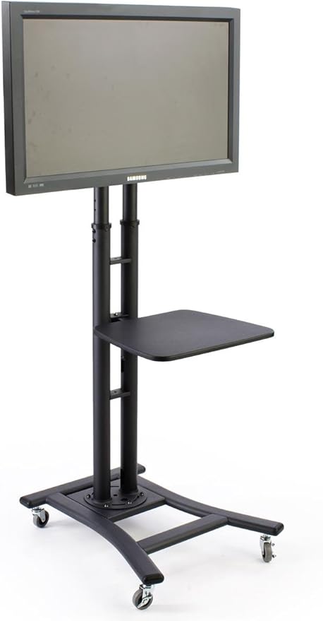Displays2go, Mobile TV Stand for 37 to 70 Inch LCD Monitor, 4 Locking Casters, 19 Inch AV Shelf - Black (MBTVSBKBSS)